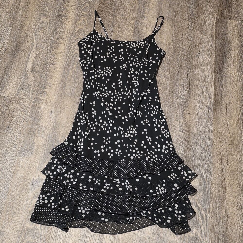 Voir Voir Women's Black White Polka Dot Sleeveless Mini Dress Ruffle Skirt Med